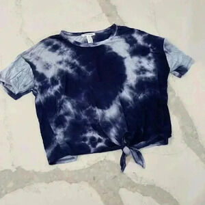 Caution To The Wind Blue White Tie Dye Tied Bottom Cropped T-Shirt Womens Medium